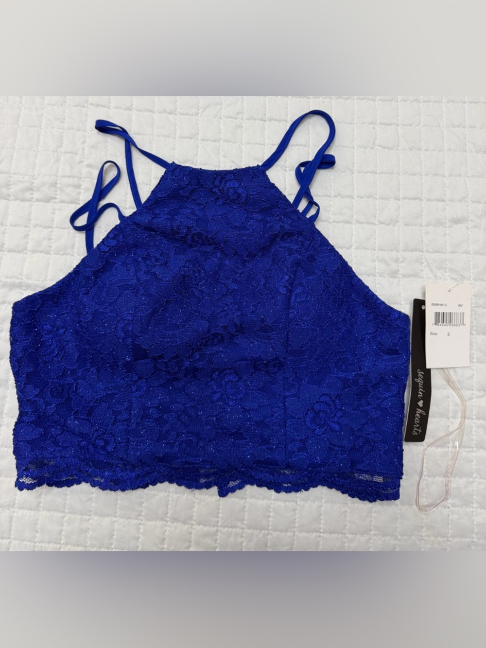 Sequin Hearts Royal Blue Lace Crop Top Halter Size 3 NWT
